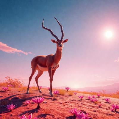 The primary subject of the image is a deer with a large horn on its head. The deer is standing on a rocky hillside, surrounded by a field of pink flowers. The setting appears to be a sunny day, with the sun visible in the background. The visual style of the image is a combination of photo and digital art, creating a realistic yet artistic representation of the deer and its environment. The colors and mood of the image are vibrant and lively, with the pink flowers adding